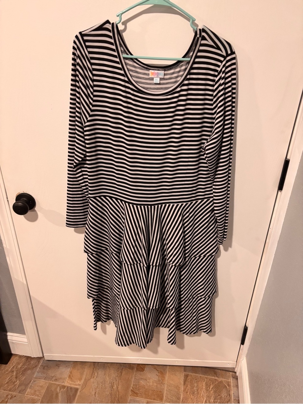 LuLaRoe Black and White Striped Tiered Long Sleeve Dress